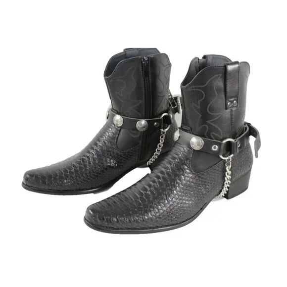 Men Boots Chains Pair Black Faux Leather Strap Native American Charm Motorcycle